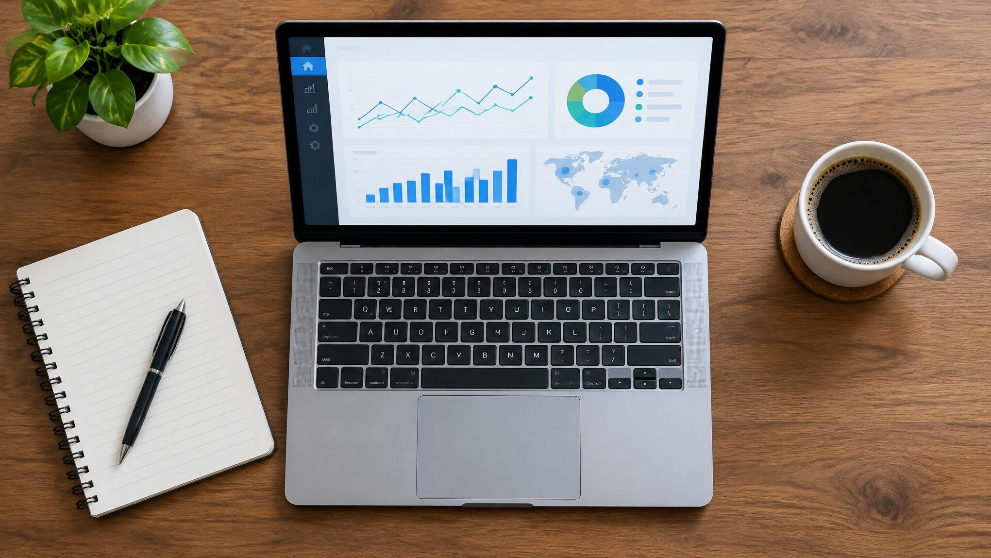 Sučelje analitičke aplikacije na prijenosnom računalu pored bilježnice